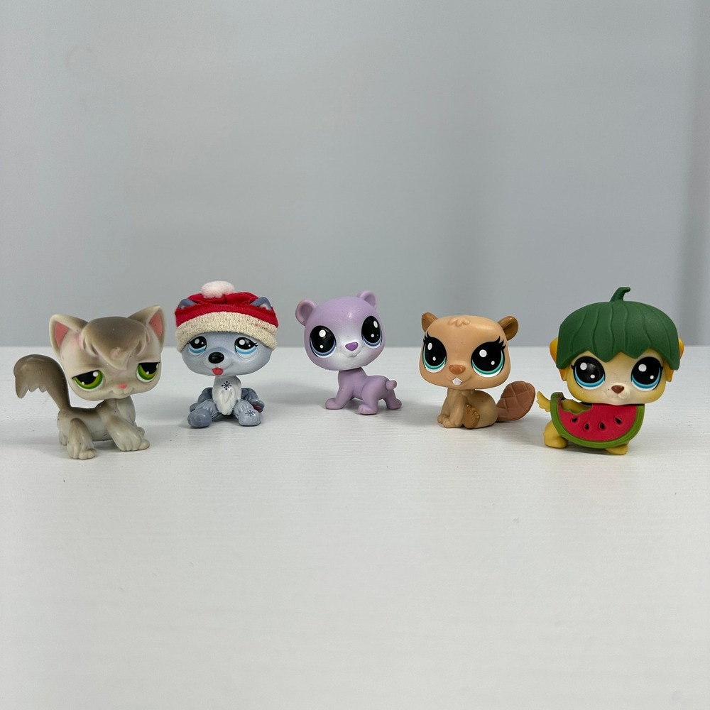 Littlest Pet Shop LPS Lot -5 Authentic Hasbro Animals Cat Dog Turtle Bear Beaver